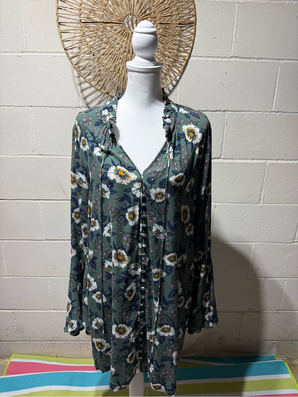 Free People Green Floral Button-Down Tunic Mini Dress